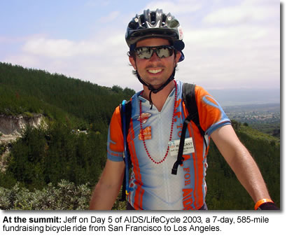 At the summit: Jeff on Day 5 of AIDS/LifeCycle 2003, a 7-day, 585-mile fundraising bicycle ride from San Francisco to Los Angeles.