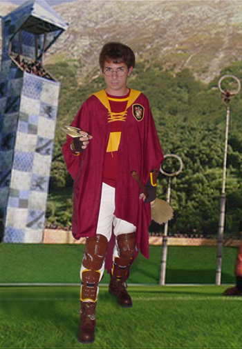 Jeff Brock as Harry Potter, standing in the Quidditch field.